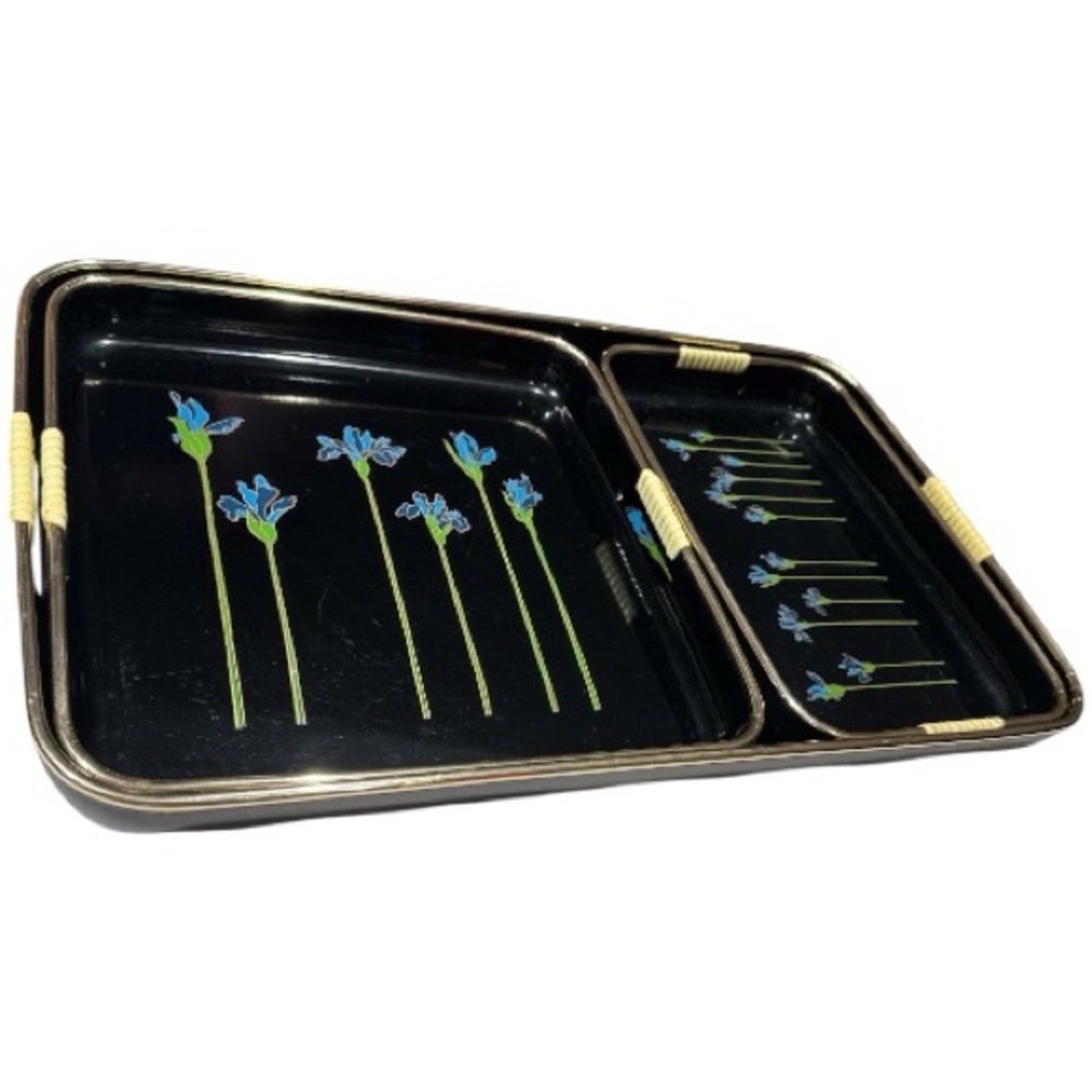 Set of 3 Japanese Lacquerware Nesting Serving Trays Blue Irises Woven Handles - Picture 6 of 12